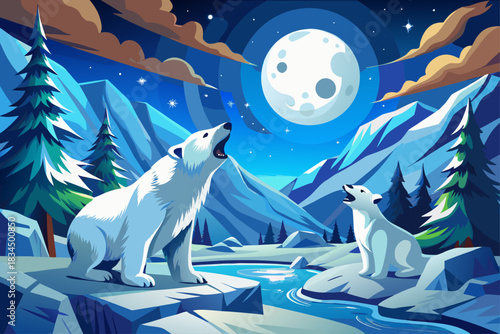 Two polar bears howling under a bright full moon in a snowy winter landscape, dramatic Arctic wildlife scene with icy terrain, serene night atmosphere and powerful animal behavior depiction.