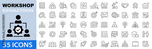 Workshop set of web icon set. Team building, collaboration, teamwork, coaching, problem-solving, education, coaching, meeting, managing, motivation and more