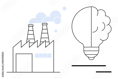 Innovation, sustainability, industry, environmental impact, energy efficiency, creativity. A factory with smoke stacks emitting clouds and a lightbulb brain elements. Innovation and sustainability