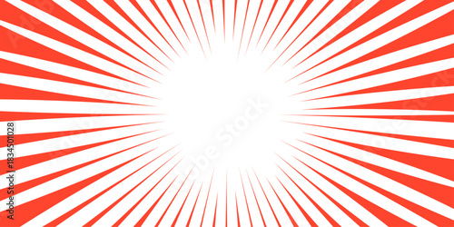 Comic-style speed rays or a sunburst pattern with high contrast and energy. Concentric comic shape, retro radial sunburst, sunrise or sunset light beam. Abstract vivid red and white radial burst