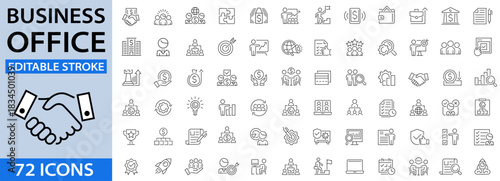 Office and Business icon set. Business team, meeting, partnership, startup, planning, company, management, profit, successful, teamwork, documents, devices, and more. Vector illustration