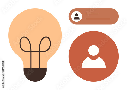 Lightbulb symbolizing creativity and innovation next to user profile and identification card. Ideal for business, teamwork, networking, technology, creativity, innovation, and identity themes. Simple