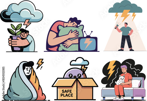 Astraphobia fear of thunder and lightning emotional scenes set