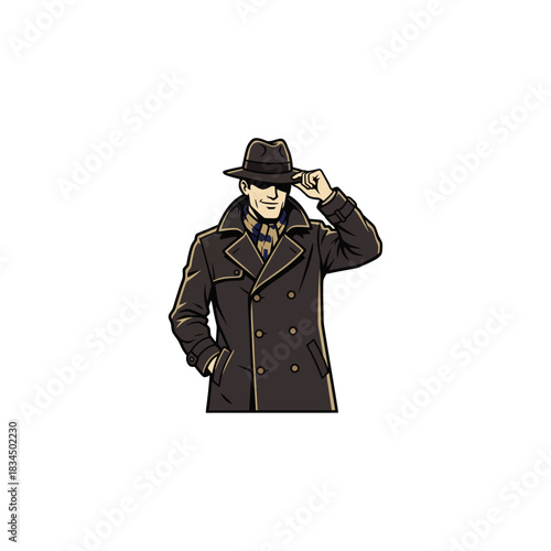 A handsome man in a trench coat and fedora hat icon flat vector design.