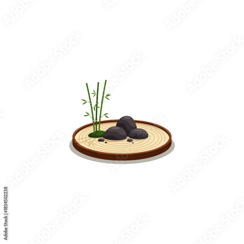Zen garden with stones and bamboo icon flat vector design.