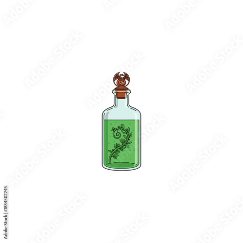 A glass bottle with a green liquid potion and a floating herb branch inside icon flat vector design.