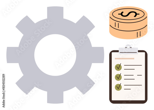 Gear for operation, stack of coins symbolizing financial resources, checklist indicating tasks or goals. Ideal for productivity, finance, planning, management, strategy, business growth