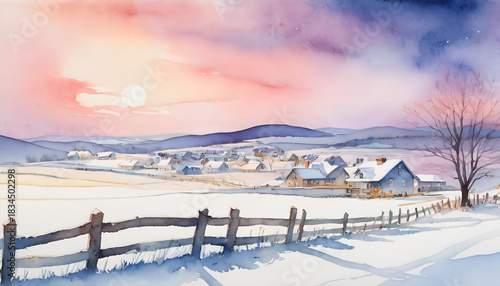Wallpaper Mural Serene Snowy Village Watercolor Sunset Landscape Torontodigital.ca