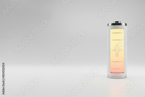 Battery indicator with human symbol and low energy. Space for text.