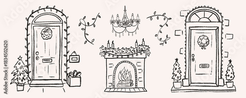 Christmas doodle home exterior and interior set with two decorated front porches and a cozy fireplace. Cute xmas wreaths, chandelier, garlands and potted trees. Vector holiday sketch perfect for card