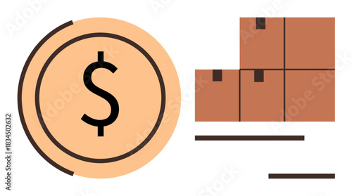 Coin with dollar sign next to stacked shipping boxes reflecting freight expenses, storage, and delivery. Ideal for supply chain, logistics, shipping, trade, e-commerce business economy. Simple flat