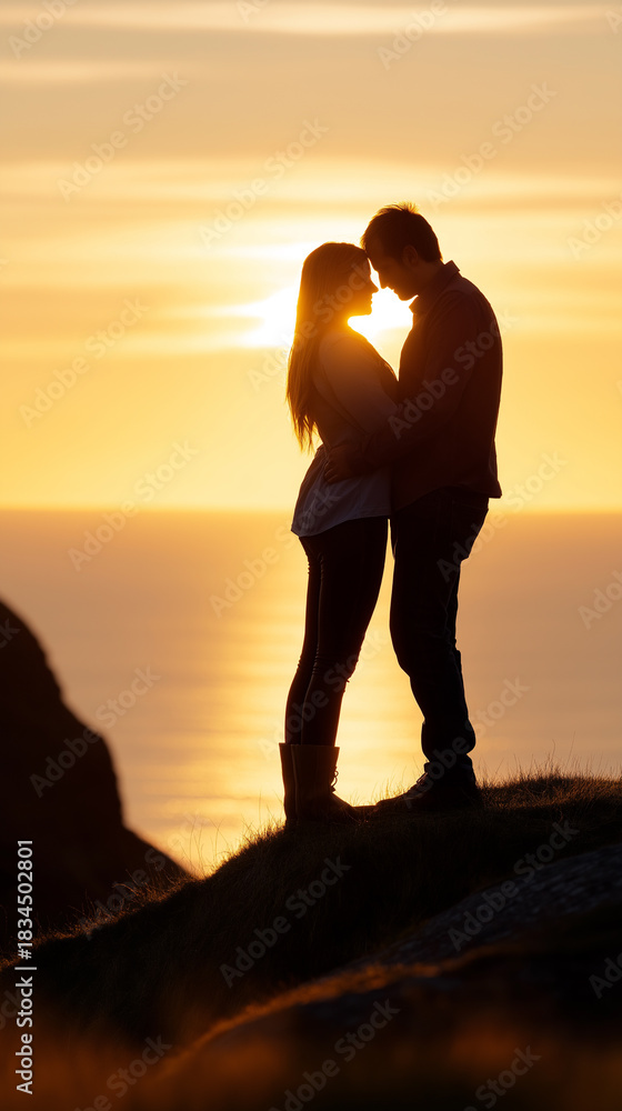 Fototapeta premium Romantic couple standing close together in silhouette at sunset. 