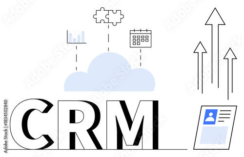 CRM concept. CRM with cloud functionality, data integration, and tools thumbs up analytics and calendar for business growth. CRM supports marketing, customer service, data management, and team