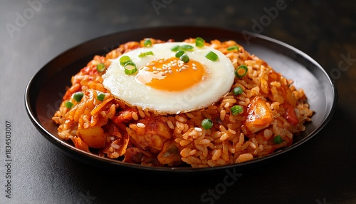 delicious korean kimchi fried rice topped with a sunny side up egg and garnished with sesame seeds