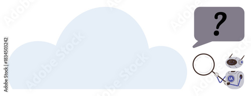 Cloud outlined with robot assistant analyzing data using magnifying glass, speech bubble with question mark. Ideal for technology, AI, analysis, cloud service, innovation, problem-solving, digital