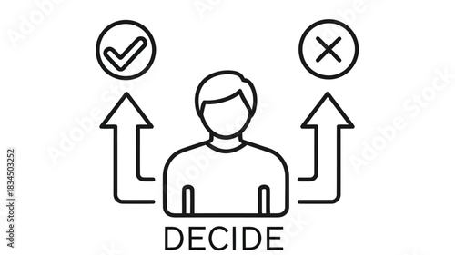 Person facing a decision with choices represented by check and cross symbols above