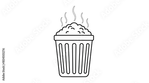 Simple black and white line drawing of an overflowing trash can with scattered debris