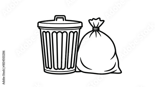 A simple black and white illustration depicts a trash can with a tied garbage bag