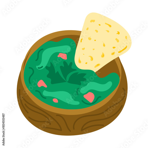 Bowl of guacamole with herbs and tortilla chip illustrated in a simple appetizing style. The concept represents mexican cuisine, fresh ingredients and tasty snack moments