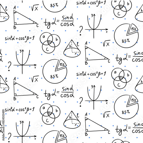 Math and geometry themed pattern with formulas, graphs, pie charts, triangles and diagrams arranged in a playful educational style. The concept represents learning, school subjects and academic study