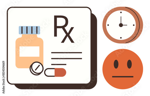Medicine bottle, pills, prescription label, clock symbolizing schedule, neutral face. Ideal for healthcare, time management, wellness, mental health treatment adherence reminders simple flat