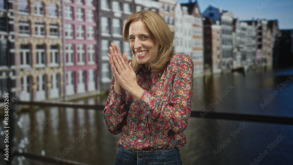 Fototapeta premium Woman clapping hands on a bridge by a canal in front of colorful historic buildings, wearing floral blouse and jeans; joy celebration.
