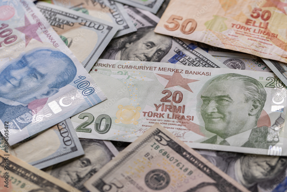 Obraz premium Title Turkish Lira and US Dollar Currency Mixture