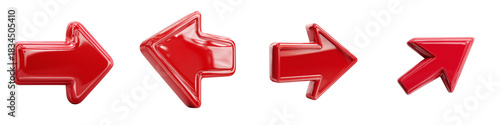 Dynamic collection of glossy red arrows pointing in various directions offering versatile navigation options for web design and presentations, symbolizing progress and direction