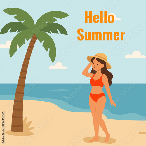 A woman in a red bikini and sunhat stands on a sandy beach near a palm tree. Blue ocean, sunny sky, and “Hello Summer” text evoke warmth, relaxation, and tropical vacation energy.