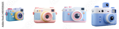 Adorable pastel toy cameras invite creative play and imaginative storytelling, perfect for children's content, educational resources, and playful designs