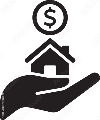 Linear icon of hand holding house with percentage symbol for mortgage and real estate finance
