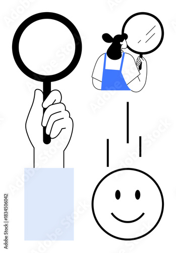 Identity discovery concept. Hand holding magnifying glass, person examining reflection, and smiling face highlight identity discovery, self-reflection, and observation . Ideal for psychology