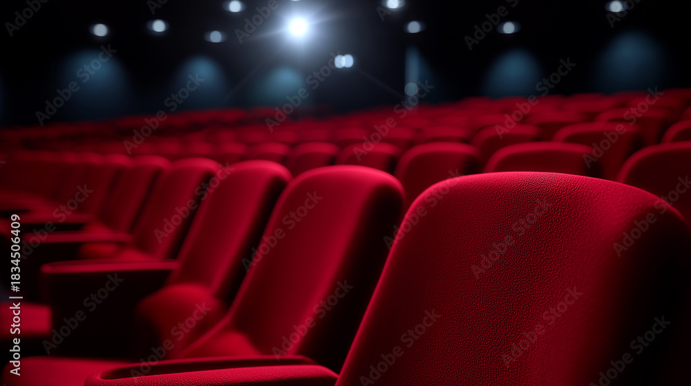 Fototapeta premium Rows of red cinema seats sit empty in a dark theater illuminated by a single bright projector light. 