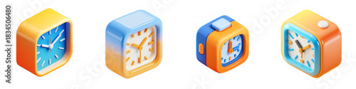 Stylish Isometric Alarm Clocks in Vibrant Colors to Help You Stay on Schedule for Success, Perfect for Productivity and Time Management Concepts