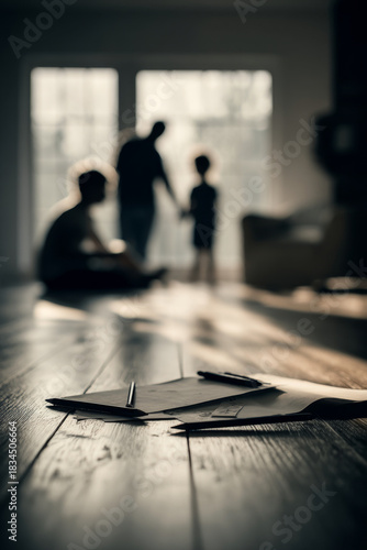 Soft blurred scene of parents reading and child drawing on floor, emphasizing calm ambiance and peaceful family dynamics with copy space