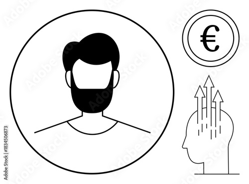 Personal growth concept. Graphic design showing a head with arrows improvement, a Euro currency icon, and a portrait outline. Personal growth, career advancement, financial ambitions. Relevant