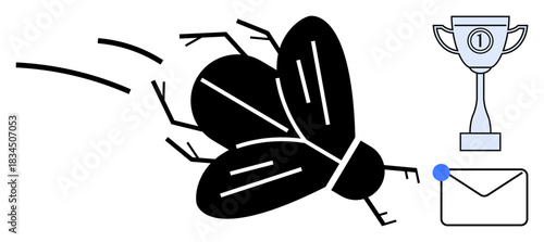 Achievement concept. A stylized fly next to an envelope and trophy success and communication. Achievement in effective messaging, goals, and rewards. For branding, motivation, productivity