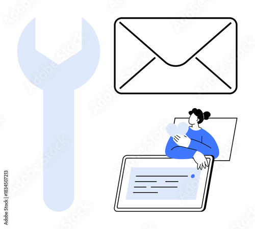 Communication concept. Communication includes email, user interaction, and digital tool symbols. Communication improves connectivity, customer support, messaging, and teamwork. For tech business
