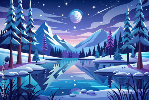 Tranquil winter wonderland with snow covered trees reflected in calm lake under shining moon and bright sky, calm night landscape and calm seasonal nature scenery.
