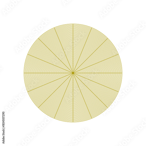 Polar coordinate circular grid isolated on white background. 360 degrees scale. Blank polar graph paper. Vector illustration. Mathematical graph. Lined blank on transparent background.