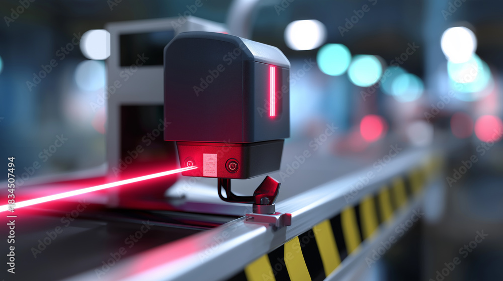 Obraz premium A high-precision industrial laser scanner emits red beams while reading a barcode on a conveyor system.