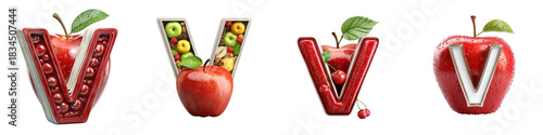 Four fruity renditions of the letter V, perfect for vibrant designs, educational projects, or creative branding that craves a touch of natural, juicy freshness