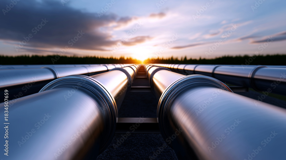 Fototapeta premium Long metal pipelines stretch into the distance under a dramatic sunset sky, symbolizing energy transport and infrastructure. 