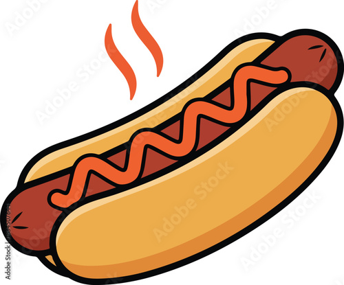 Vibrant cartoon illustration of a steaming hot dog in a bun with zigzag mustard topping, depicting a popular american snack food item, fast food concept