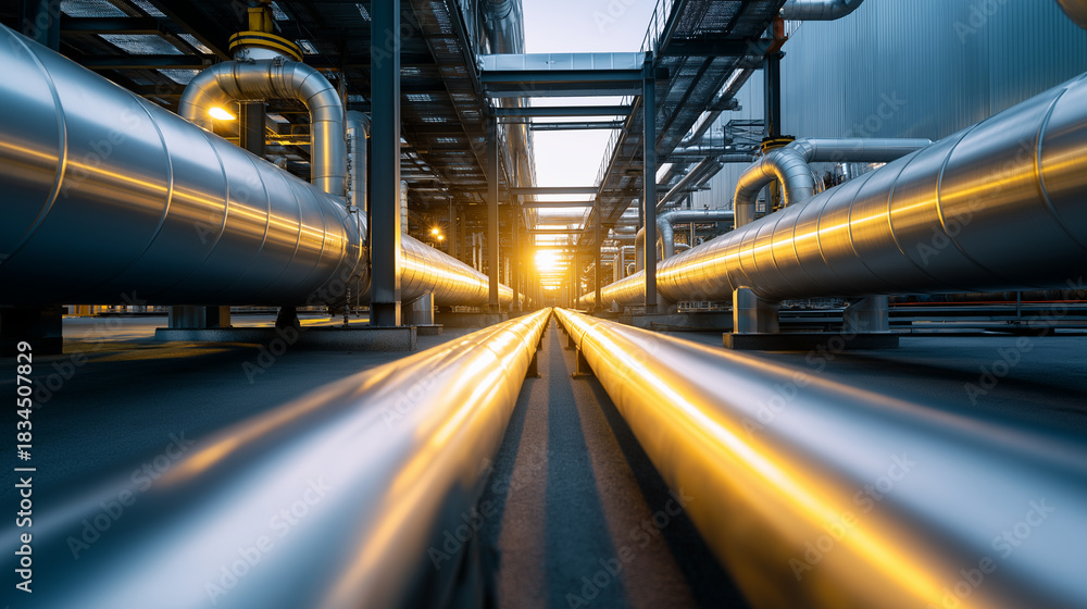 Obraz premium Long metal pipelines stretch into the distance under a dramatic sunset sky, symbolizing energy transport and infrastructure. 