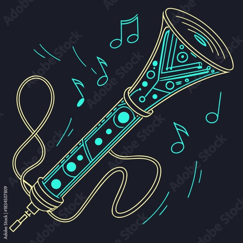 Digital Music & Technology Vector: Stylized Trumpet or Horn Instrument Featuring a Circuit Board Pattern, Emitting Glowing Music Notes and Sound Waves