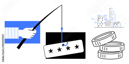 Cybersecurity, online safety, finance security, phishing risks, password theft, digital scams. A hand holding a phishing hook with a password, stacked coins and abstract cityscape. Cybersecurity