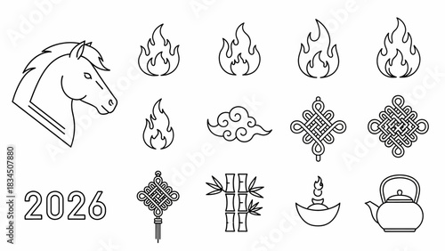 Chinese New Year 2026 illustrations - Lunar New Year, Fire Element, Zodiac, Asian Culture, Prosperity symbols and icons in outline style
