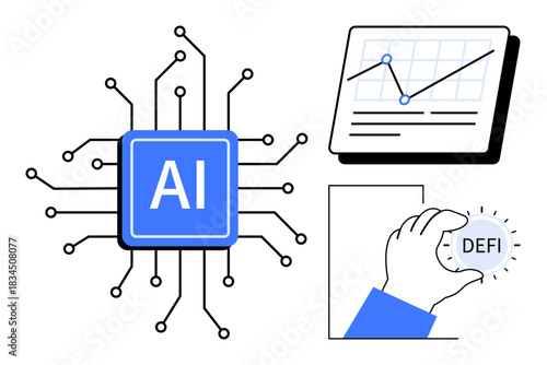 AI chip with circuits, analytics chart with data trends, hand holding DEFI coin. Ideal for AI, blockchain, fintech, innovation, technology data science automation research. Simple flat metaphor