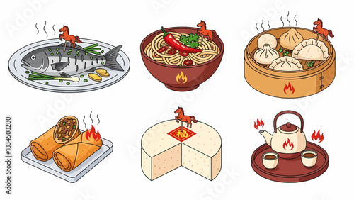 Icons for Chinese New Year, a Lunar New Year celebration of asian culture and prosperity featuring food with the fire element zodiac